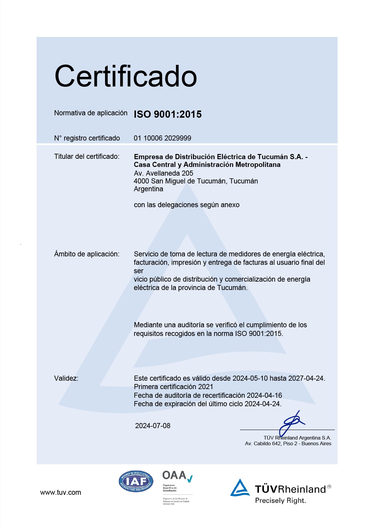 certificado de calidad