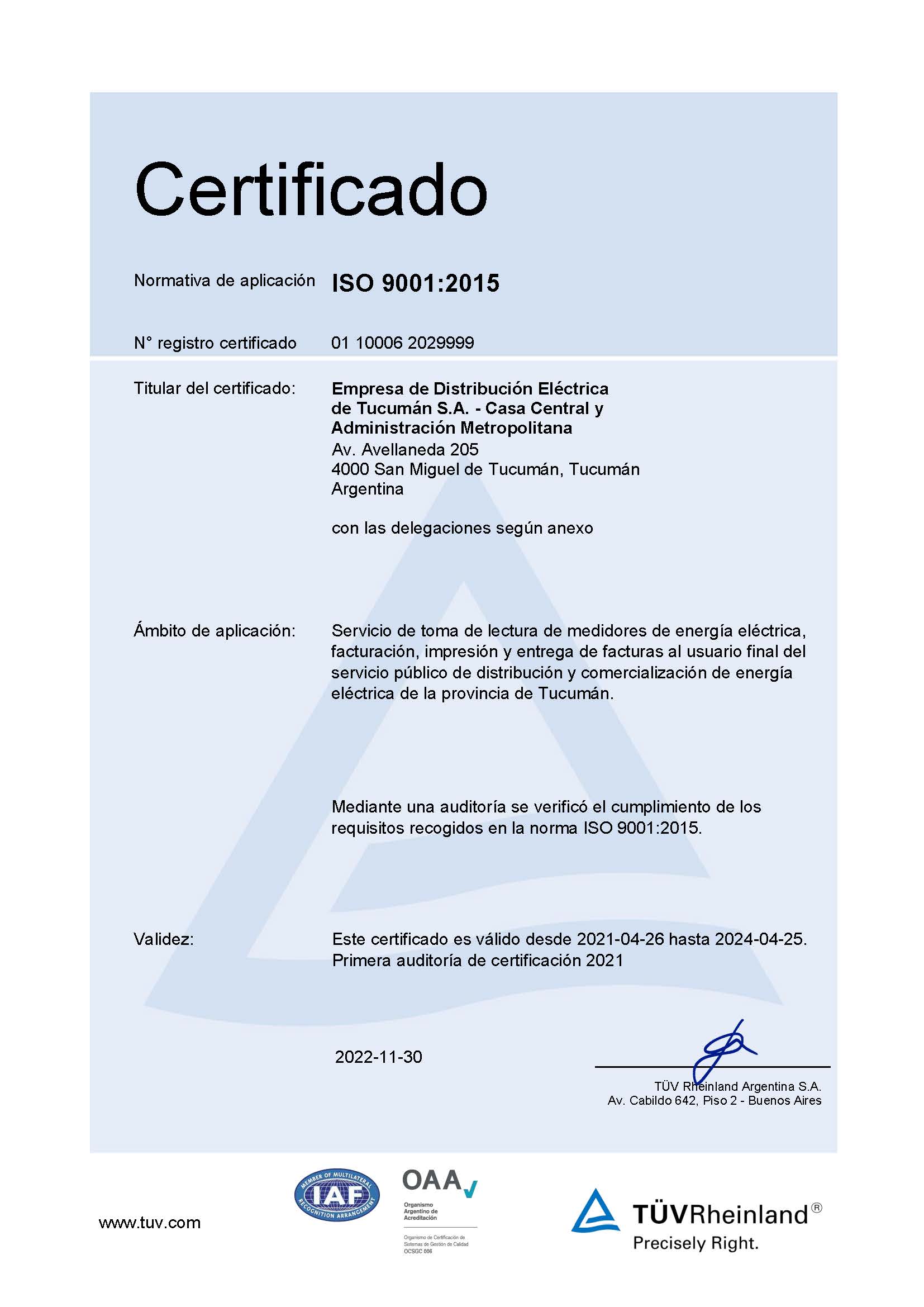 certificado de calidad